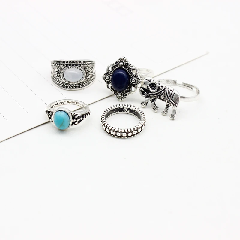 5 шт./компл. Ретро стиль преувеличенный синий драгоценный камень слон кольцо