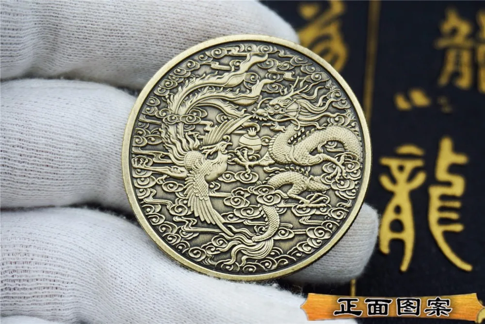 Памятная монета китайского дракона и феникса 40 мм|dragon and phoenix|coin coinsdragon dragon |