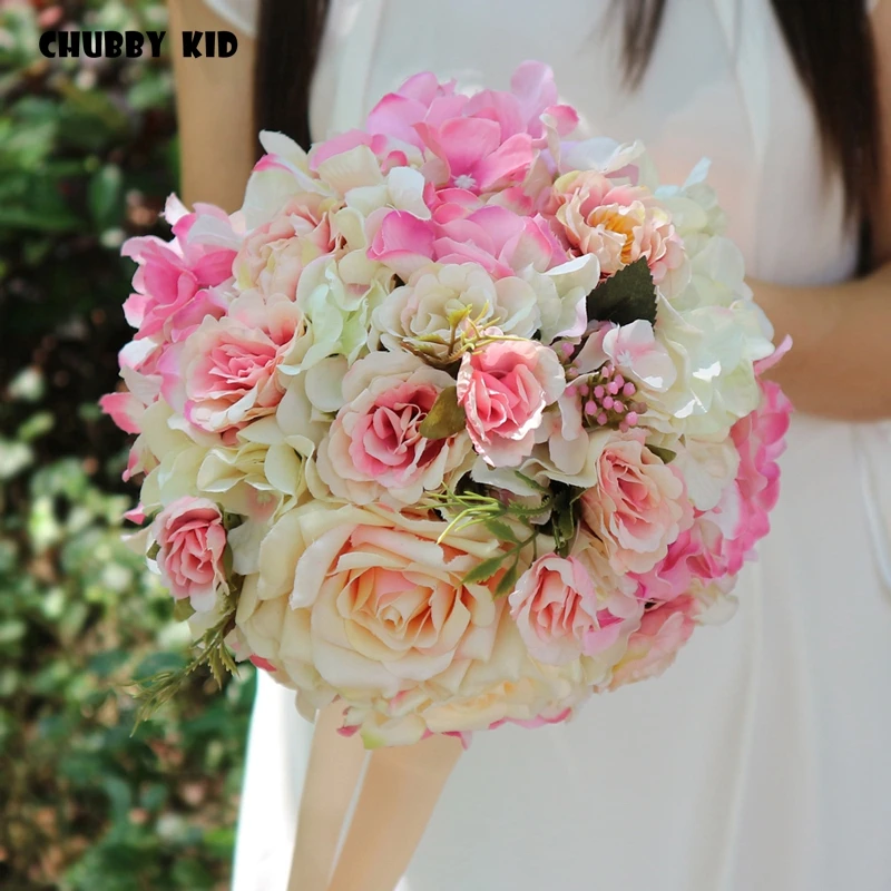 

Artificial flower Bridal Bouquet for wedding fake Rose Hydrangea Throw Wedding bouquets Bridesmaid Bouquet champagne pink color