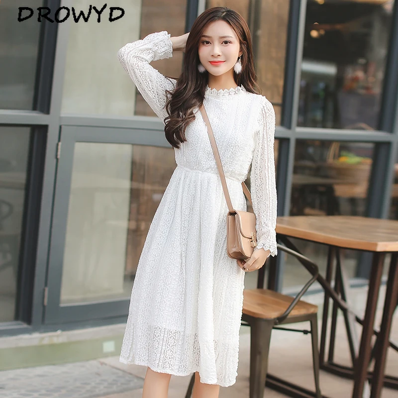 Летнее кружевное платье с воротником-стойкой милое богемное Белое миди длинным