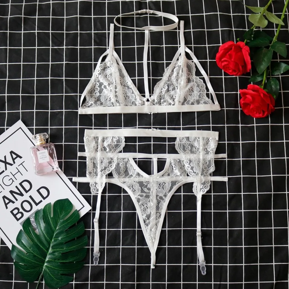 Fashion New Women V-neck Lace Sexy Underwear Bra Thong With Garter Set Lingerie Dress Sexy Underwear Nightwear G-string J11
