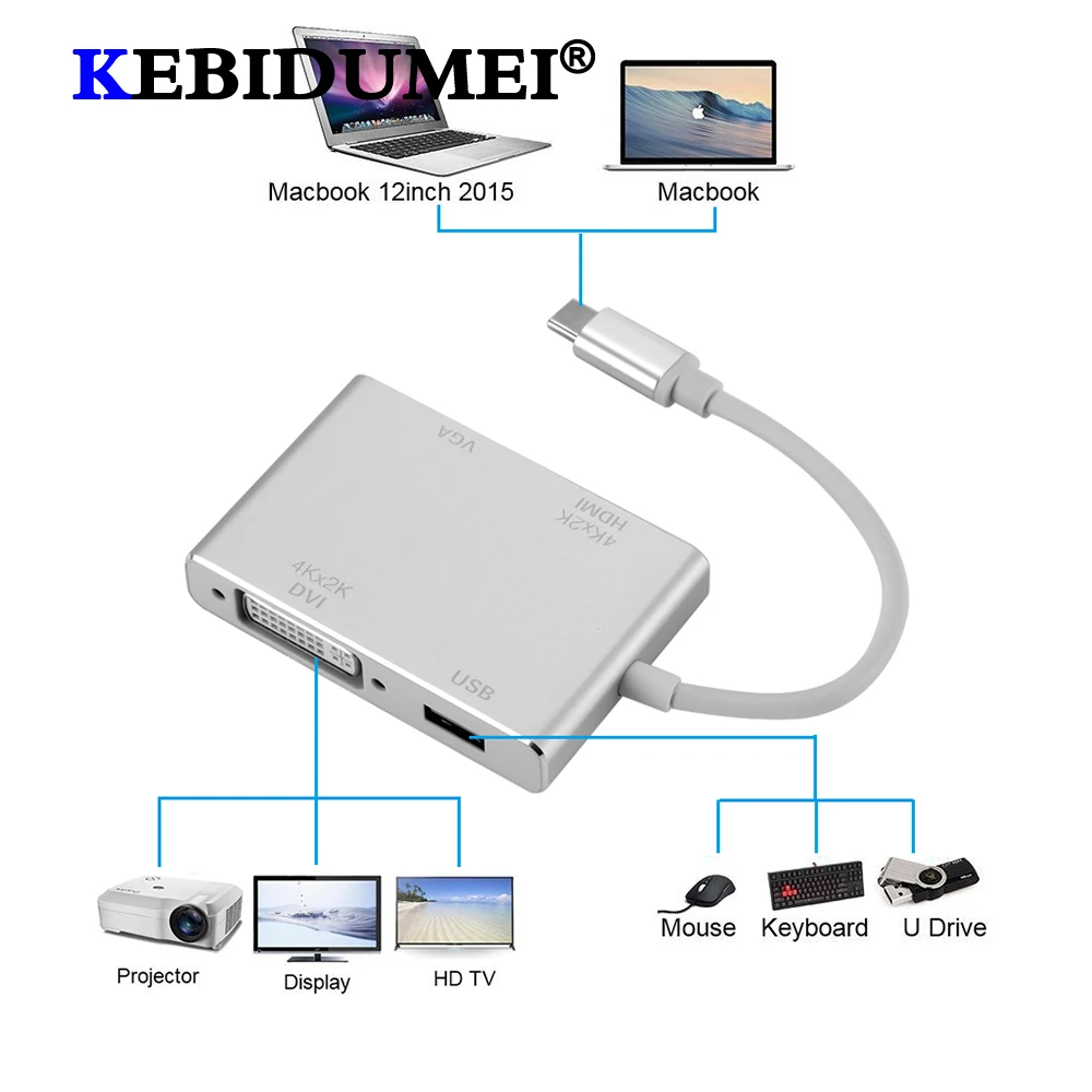 

Многофункциональный 4 в 1 USB 3,1 USB C Type C к HDMI-совместимый кабель-адаптер VGA DVI USB 3,0 для ноутбука Apple Macbook