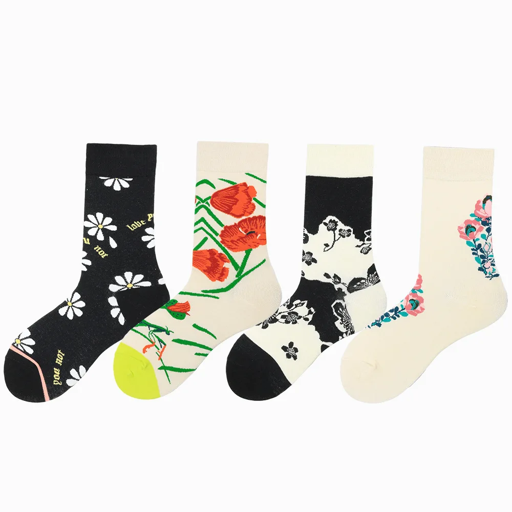 

PEONFLY New Trend Fashion Combed Cotton Women Socks Colorful Animal Flowers Pattern Sokken Crew Happy Wedding Socks For Gifts