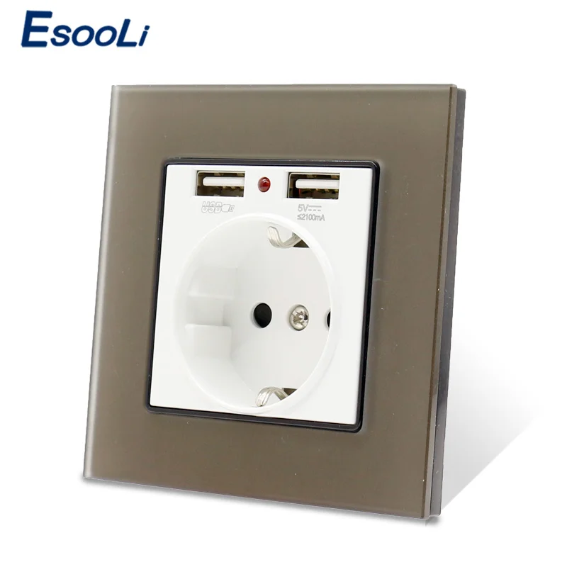 Розетка стеновая Esooli стеклянная с двумя USB-портами 2 1 А 16 | Обустройство дома