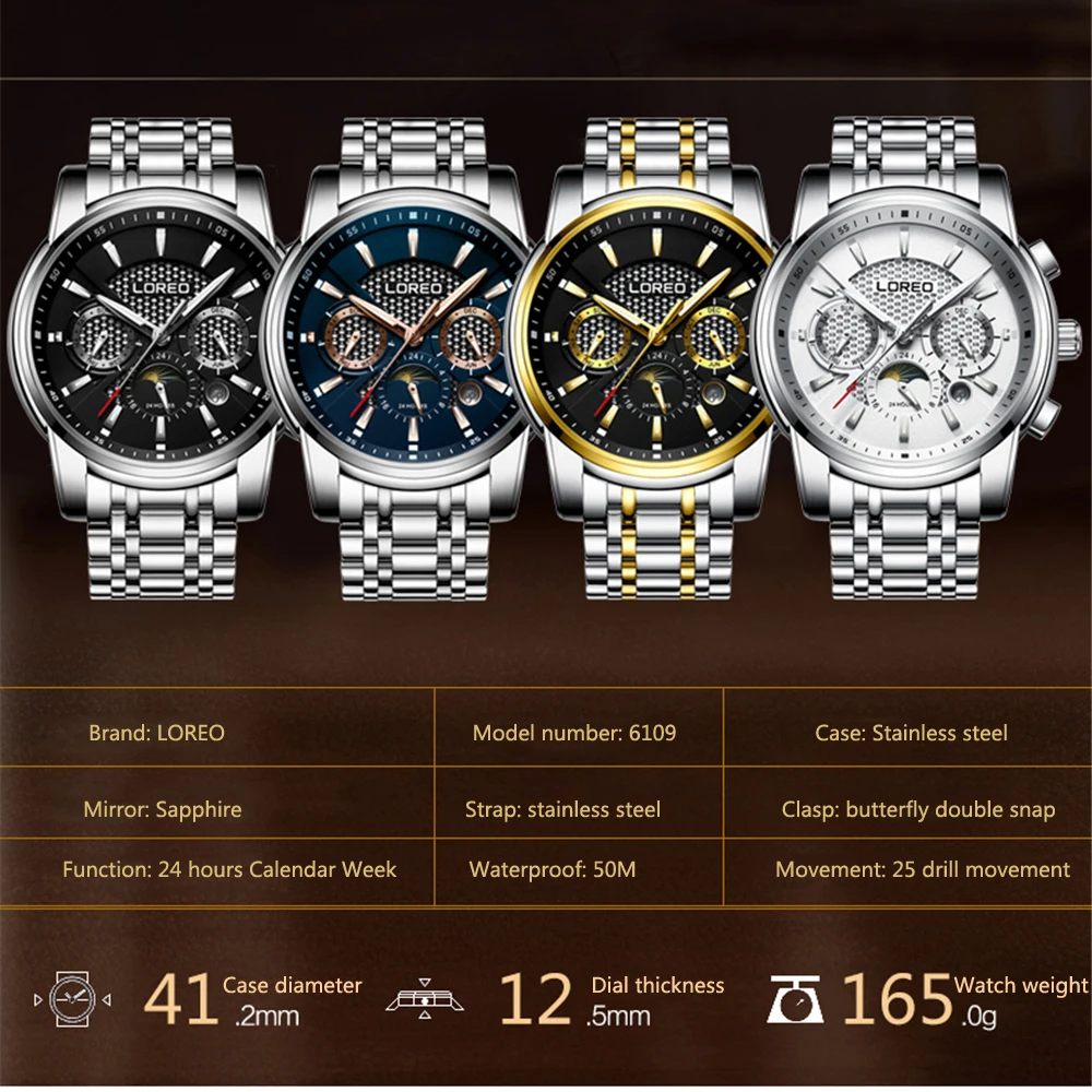 Мужские автоматические механические часы LOREO модные класса люкс