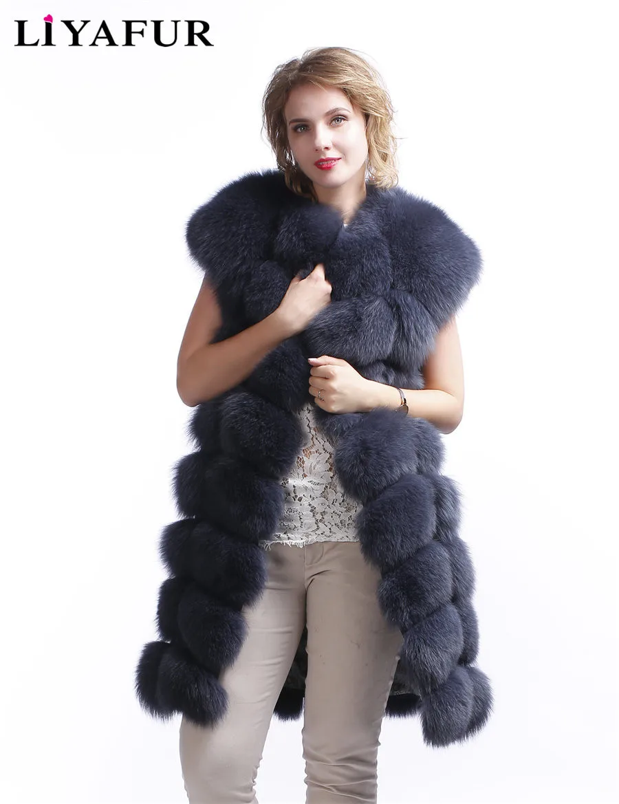 

LIYAFUR New Design 90cm Long 100% Real Genuine Fox Fur Vest For Women Natural Fur Gilet With Shoulder Cover Fashion Waistcoat
