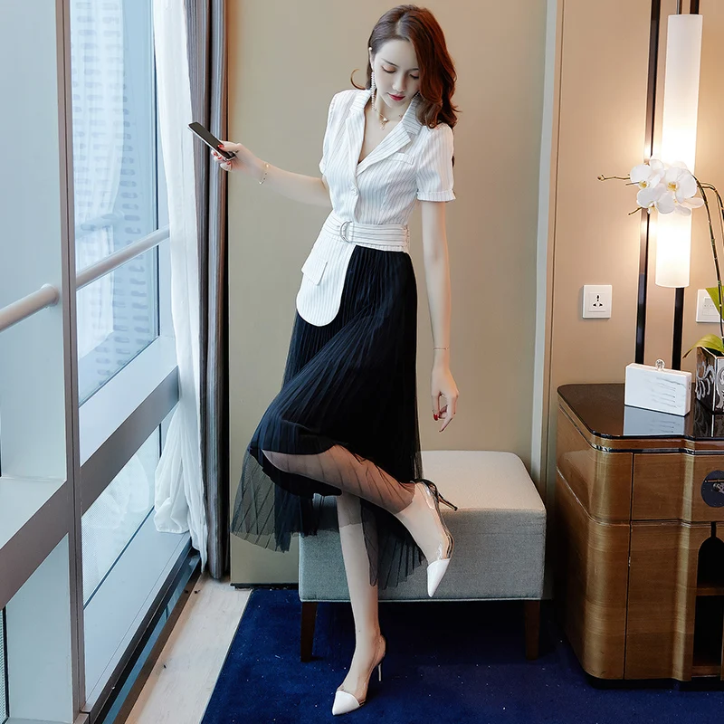 Striped Fake Two Dress Women A-line Female Office Lady Women's Dresses Irregular Ol Shirt Sashes Vestido De Festa | Женская одежда