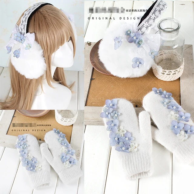 Кружевные теплые наушники Lolita Sweety Largeleaf Hydrangea для косплея вечеринки Бесплатная