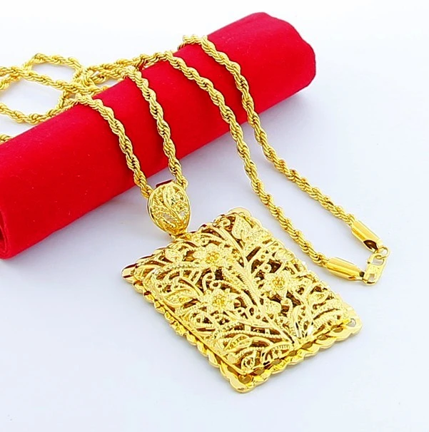 

New 24K Gold Jewelry Vintage Exquiste Square Plant Flower Totem Pendant Necklace with Twisted Rope Chian Yellow Gold Color