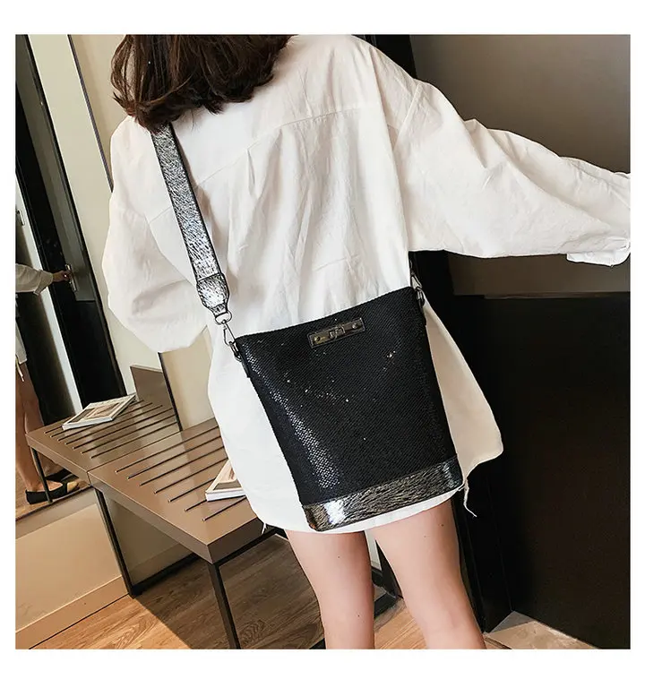 Fashion Luxurious female Korean Sequin Bling Black Bag shoulder Bucket bag Designer Ladies Crossbody Messenger Bags B42-29