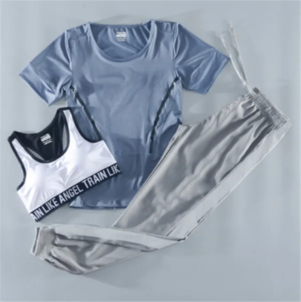 3 piece set g Летний женский спортивный комплект из 4 предметов для бега, быстросохнущая футболка+ бюстгальтер+ сетчатые шорты+ штаны, костюм для фитнеса, спортзала, йоги, одежда для тренировок - Цвет: 3 piece set g