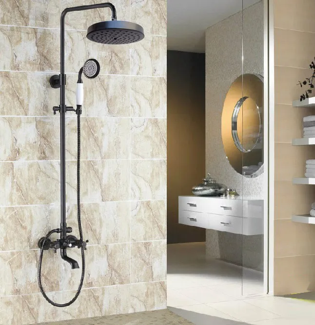 

Black Oil Rubbed Brass Dual Cross Handles Bathroom 8 Inch Round Rain Shower Faucet Set Bath Tub Mixer Tap Hand Shower mrs384