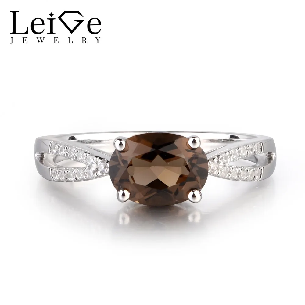 

Leige Jewelry Natural Brown Smoky Quartz Gemstone Oval Cut Prong Setting Party Rings Wedding Bands For Woman 925 Sterling Silver