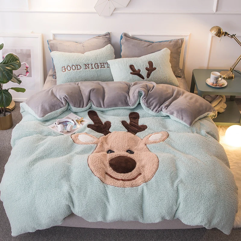 

2018 New Double-sided Fleece Cartoon Sticker Embroidery Luxury Duvet/Quilt Cover Bed Linen sheet set 4 Pieces Bedding Sets