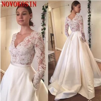 cheap 2019 new long sleeve lace applique wedding dresses vintage a line bridal gowns plus size v neck satin wedding dress