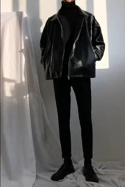 

Biker leather jacket men's jacket Korean version spring and autumn new style apricot flight relaxed leisure lapel leather coat.