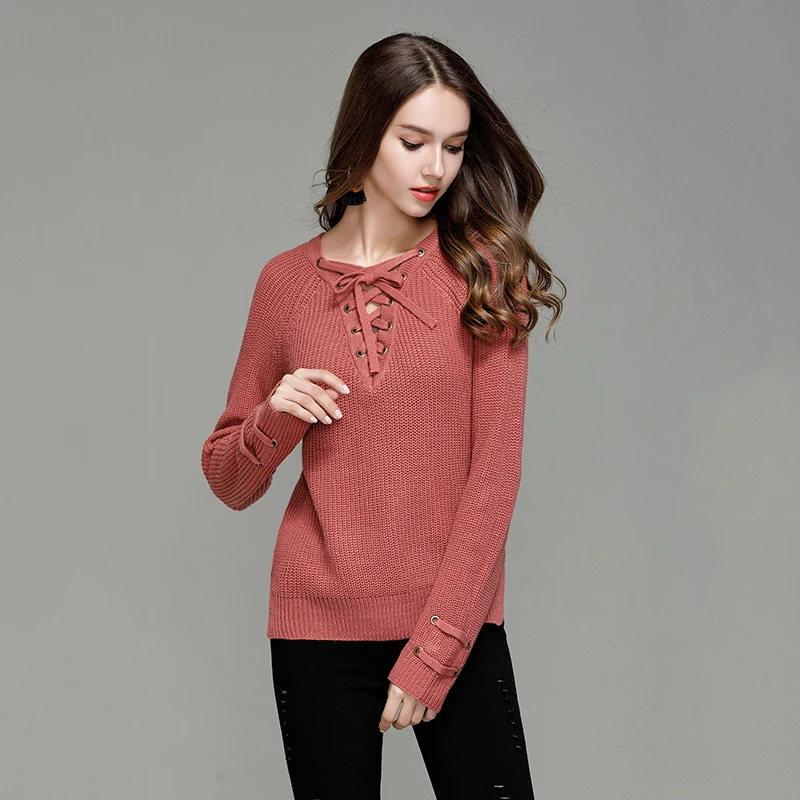 Осенне-зимний Однотонный свитер со шнуровкой и v-образным вырезом женская
