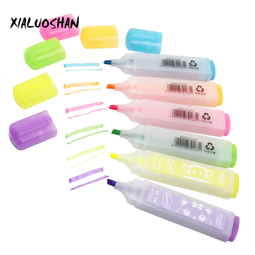 

6 Pcs/lot New Candy Colors Fluorescent Pen Highlighter Marker Gift Stationery Kids Writing Drawing Tool Scribble Pen