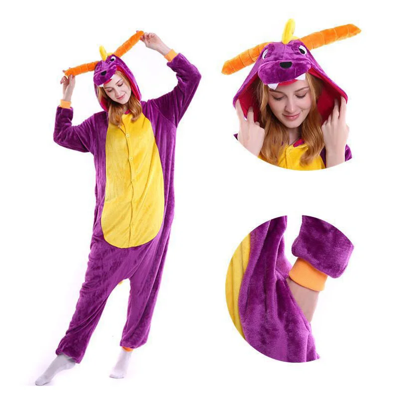 Purple dragon Зимние пижамы с единорогом, стежка, пижама с животными, пижама Кигуруми для женщин и мужчин, унисекс, фланелевая ночная рубашка для взрослых, комплекты домашней одежды - Цвет: Purple dragon