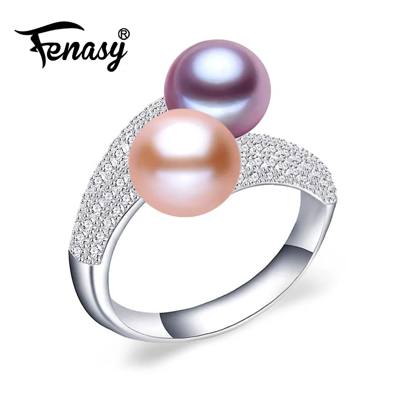 FENASY, 925 пробы, серебряные кольца с двойным жемчугом для женщин, любовь, роскошный кубический цирконий, обещающее регулируемое кольцо, ювелирные изделия с черным жемчугом - Цвет камня: C