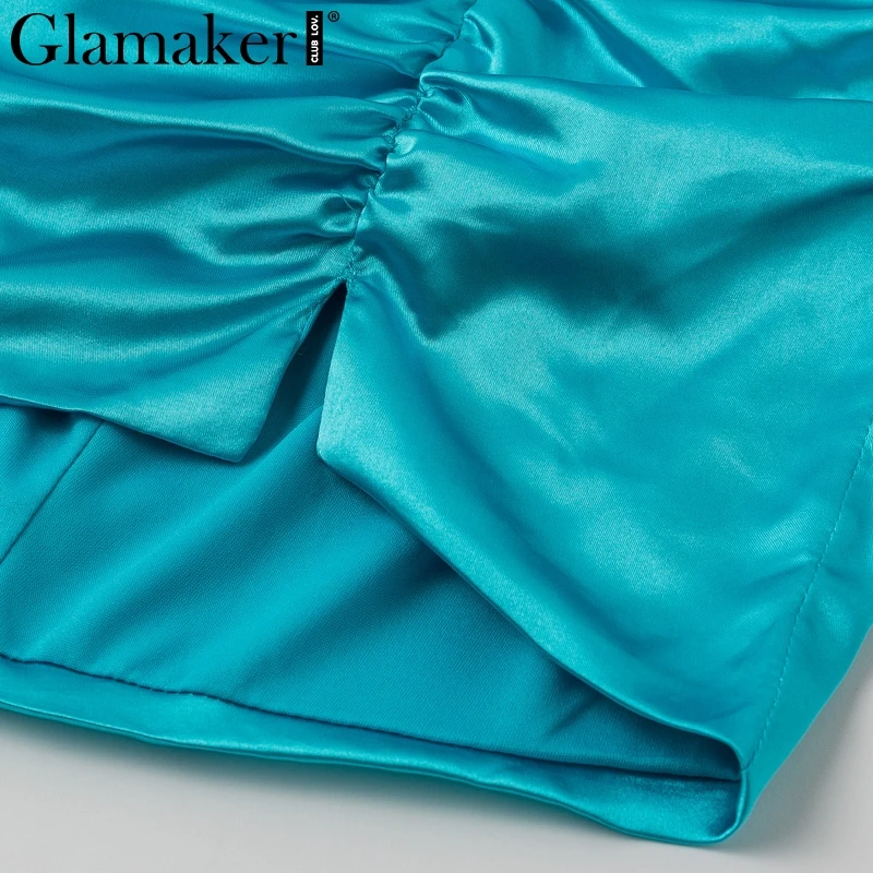Glamaker, сексуальное Плиссированное сатиновое платье с длинным рукавом, женское, элегантное, короткое, мини платье, вечерние, для клуба, бодикон, ночное платье, festa vestidos