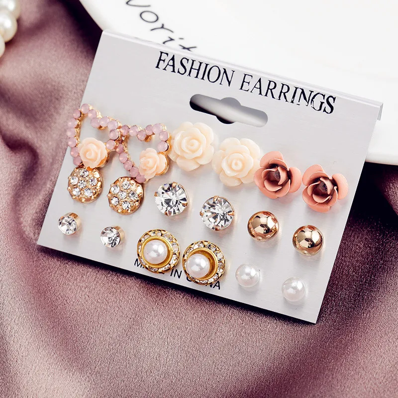 Элегантный 9 пар/компл. Для женщин с цветами и жемчугом сережки-гвоздики с кристаллами для девочек элегантное розовое Цветочное сердце подарочный набор украшений для ушей для Для женщин - Окраска металла: 9pair set