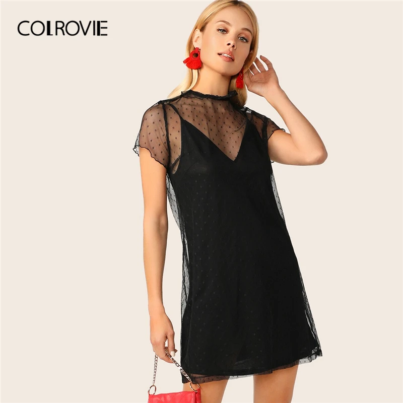 COLROVIE, черное, прозрачное, с оборками, на шее, в горошек, Сетчатое, 2 в 1, элегантное мини-платье для женщин,, летняя рабочая одежда, для офиса, платья для девушек