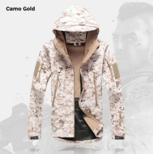 Camo Gold Для мужчин Pro Man скрытень Акула кожа софтшелл камуфляж с капюшоном армейское пальто Военная тактическая куртка охота водонепроницаемая верхняя одежда - Цвет: Camo Gold