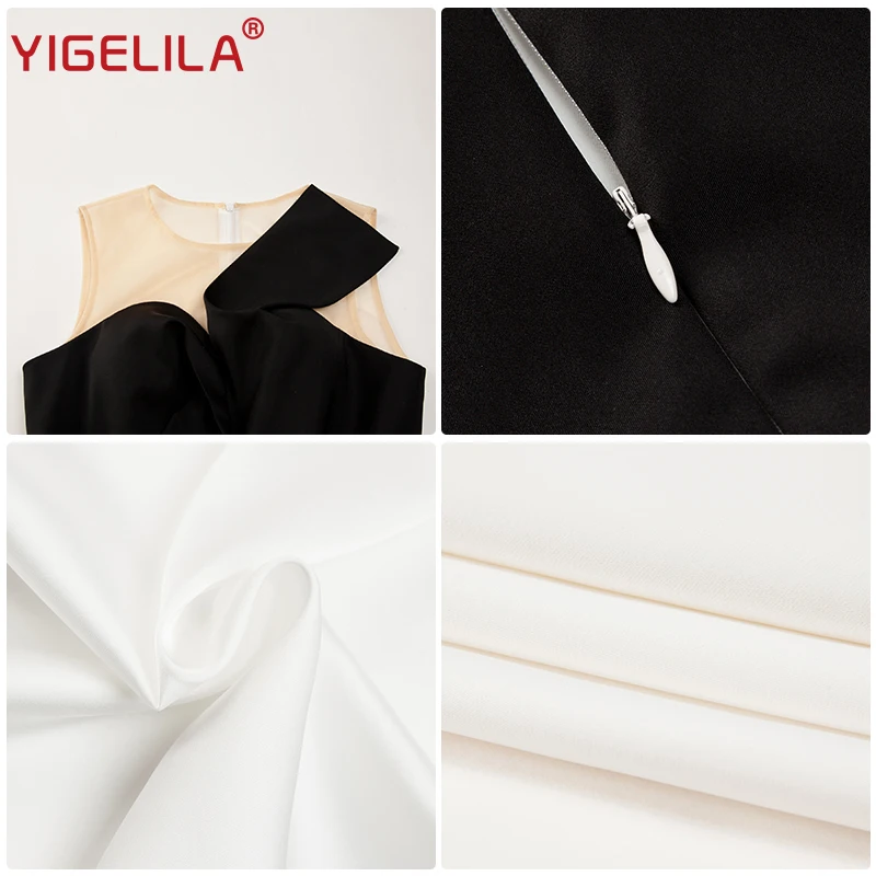 Женское платье бак для колена YIGELILA Черное и белое лоскутное без рукавов с круглым