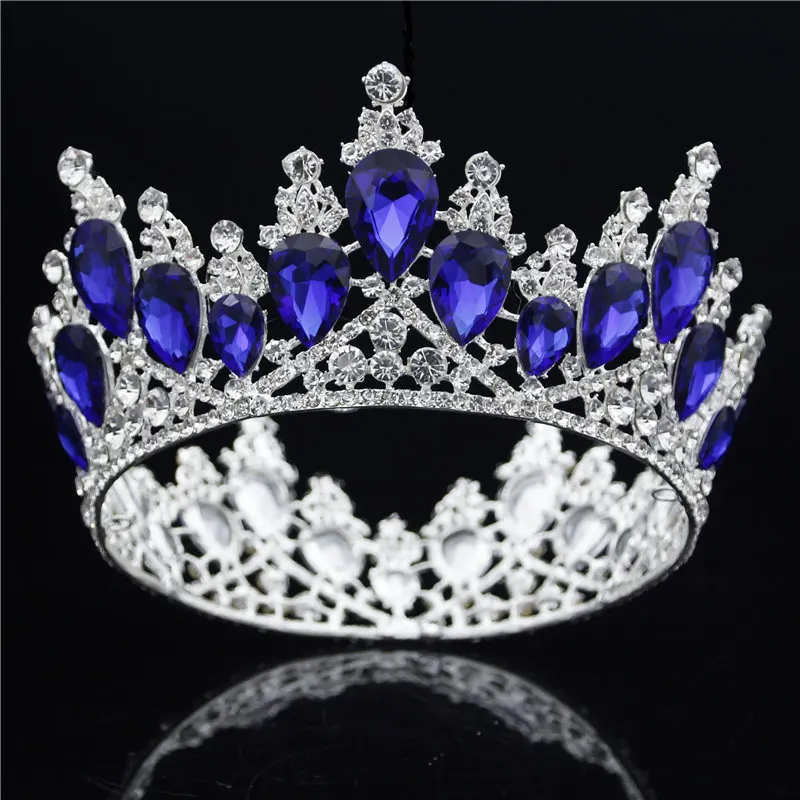 Silver Blue Барокко Золотая Корона невесты Королева Король большая корона тиара Выпускной свадебная диадема украшения для волос тиары и повязка в виде короны украшения для волос - Окраска металла: Silver Blue