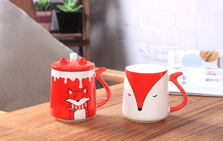 Керамическая кружка с рисунком лисы из мультфильма, с крышкой, чайная ложка, чайная чашка, кофе, молоко, чайная кружка, тассе, кафе, домашняя посуда для напитков