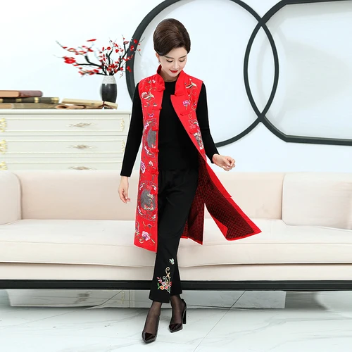 Красный Spring and autumn Vest women's cotton and linen national wind vest mom embroidery flower long stand collar sleeveless vest Coat - Цвет: Красный