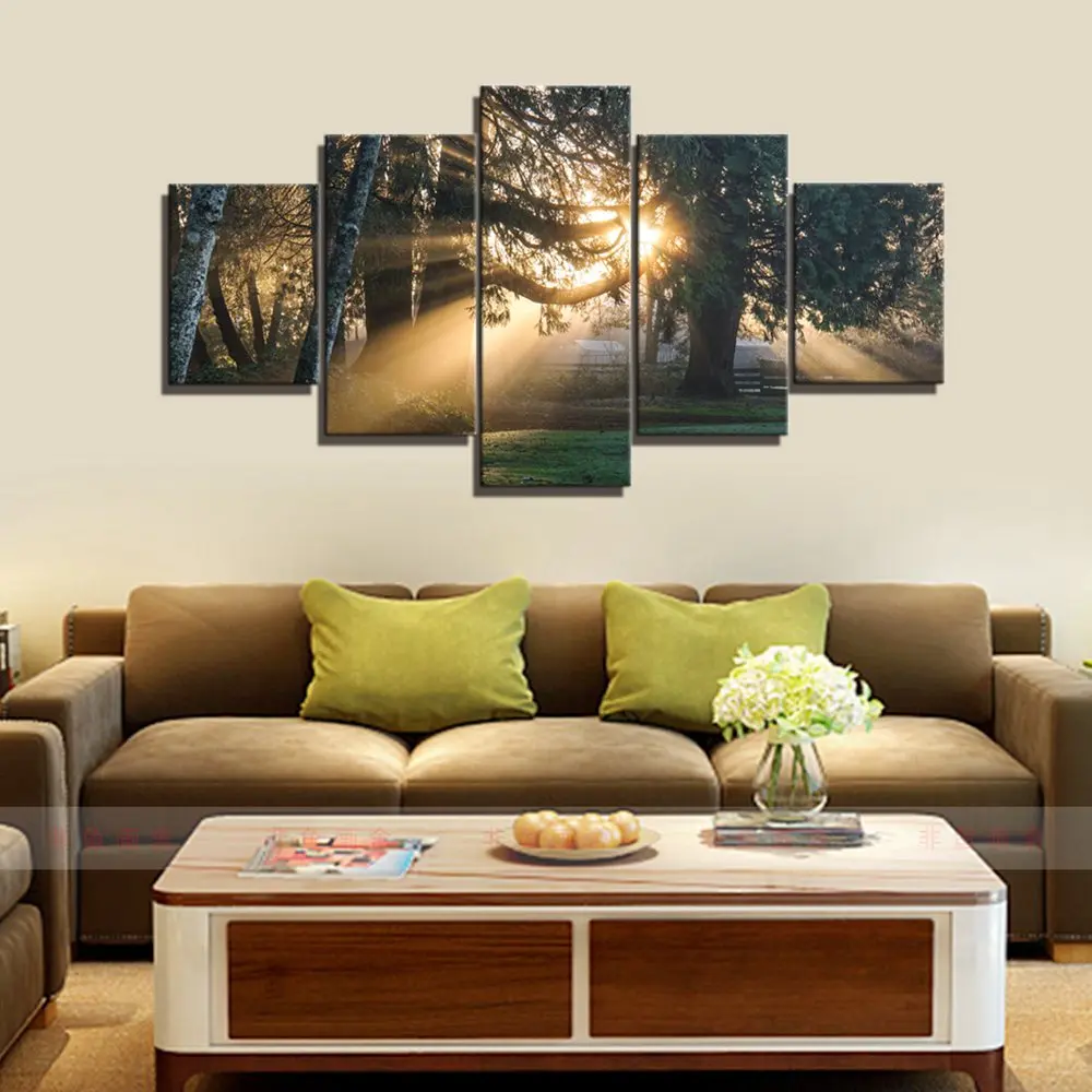 Настенное искусство лес зеленые деревья туманный утренний весенний пейзаж