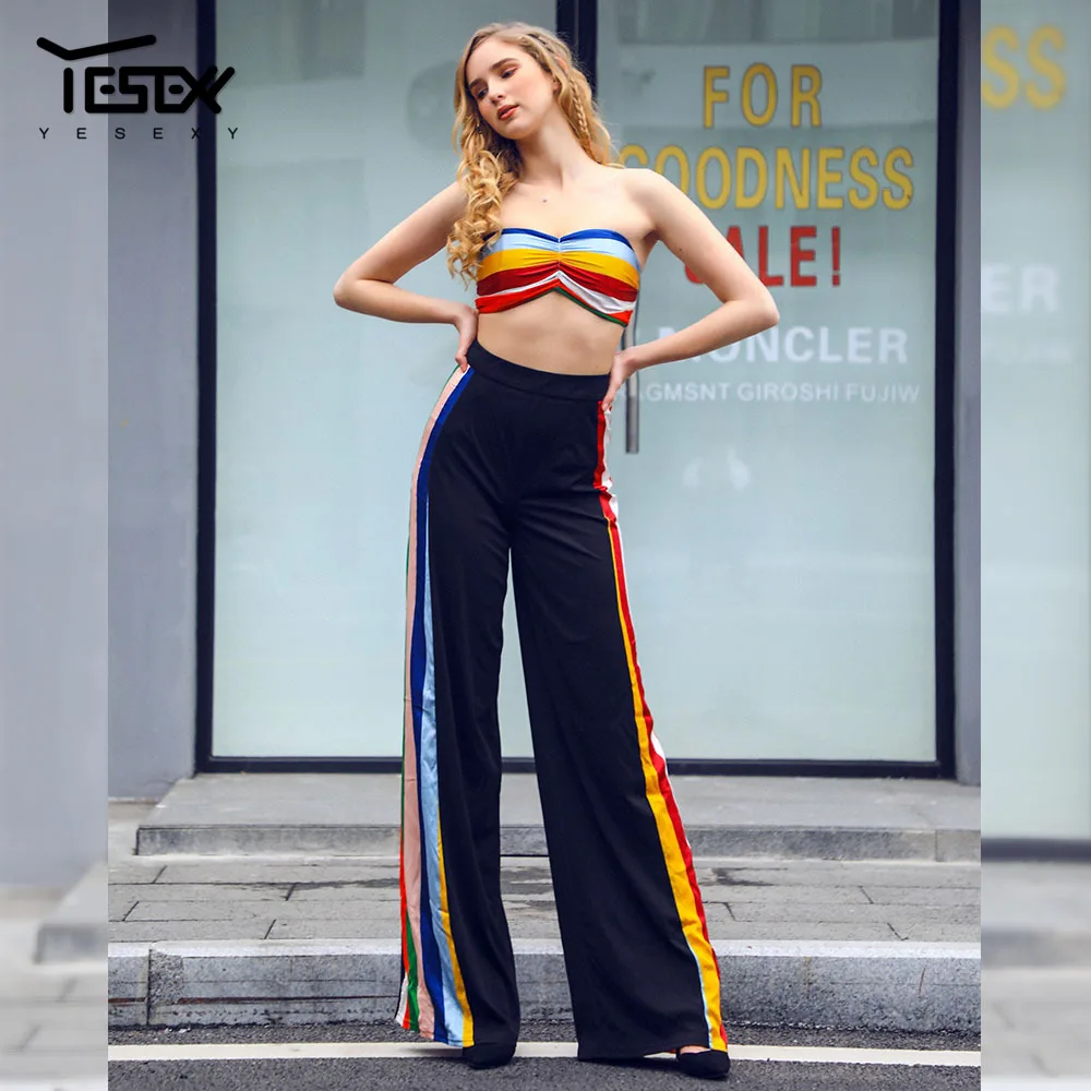 Yesexy 2019 летний пляжный стиль 2 шт женские комплекты без бретелек полосатые длинные