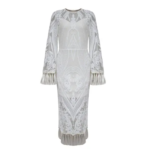 white Cakucool, высококачественное белое платье, подиум, брендовый дизайн, длинный рукав, расшитое блестками, вышитое платье, кружевные, с кисточками, с разрезом, вечерние, длинные платья - Цвет: white