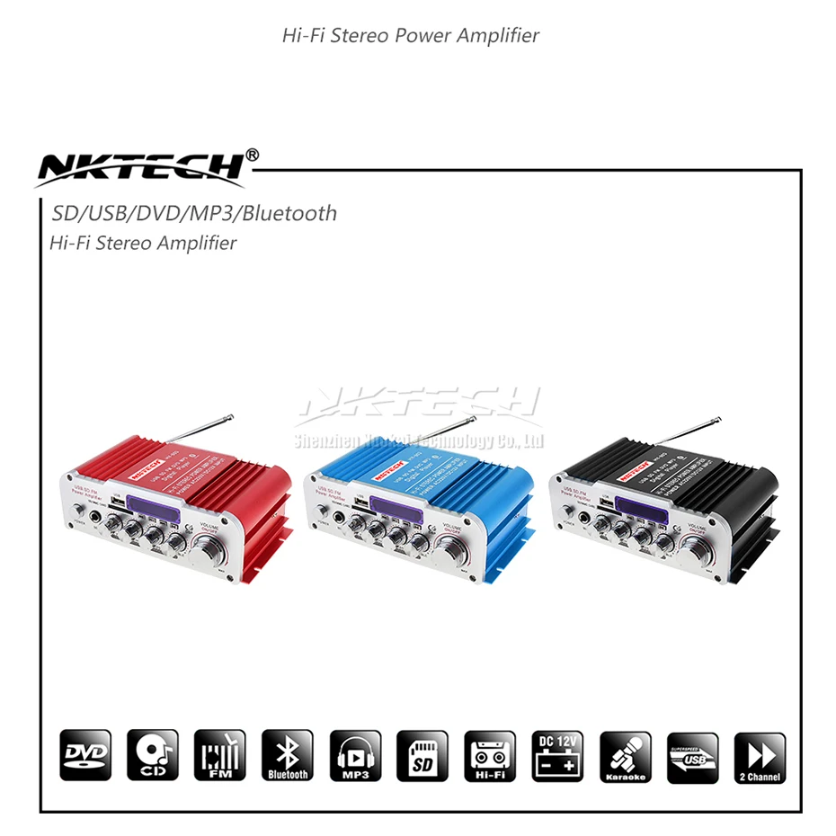 NKTECH HY-803 усилитель Bluetooth Автомобильный цифровой аудио плеер 2x41 Вт Hi-Fi стерео бас USB SD MP3 DVD FM DSP DC12V 220-240 В