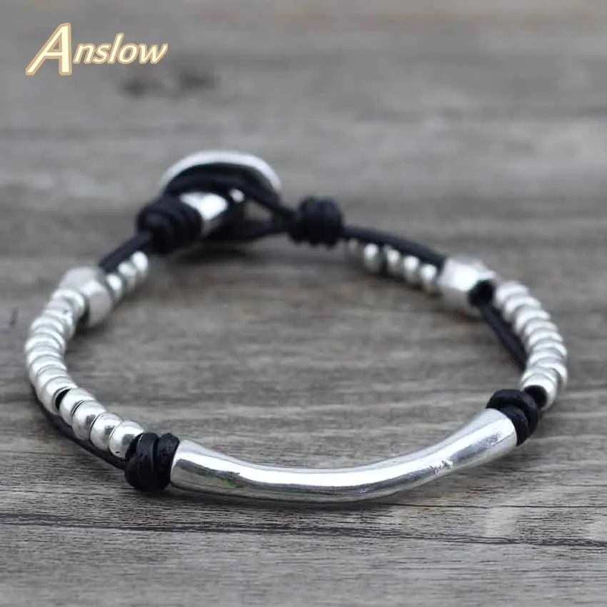 Anslow античный посеребренный модный браслет ручной работы с бусинами, кожаный браслет для мужчин и женщин, подарок LOW0560LB