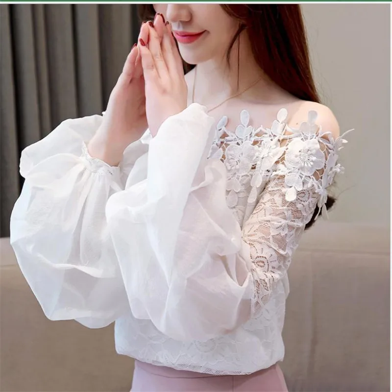 Весна 2019 женские топы с длинным рукавом-фонариком кружевные сексуальные