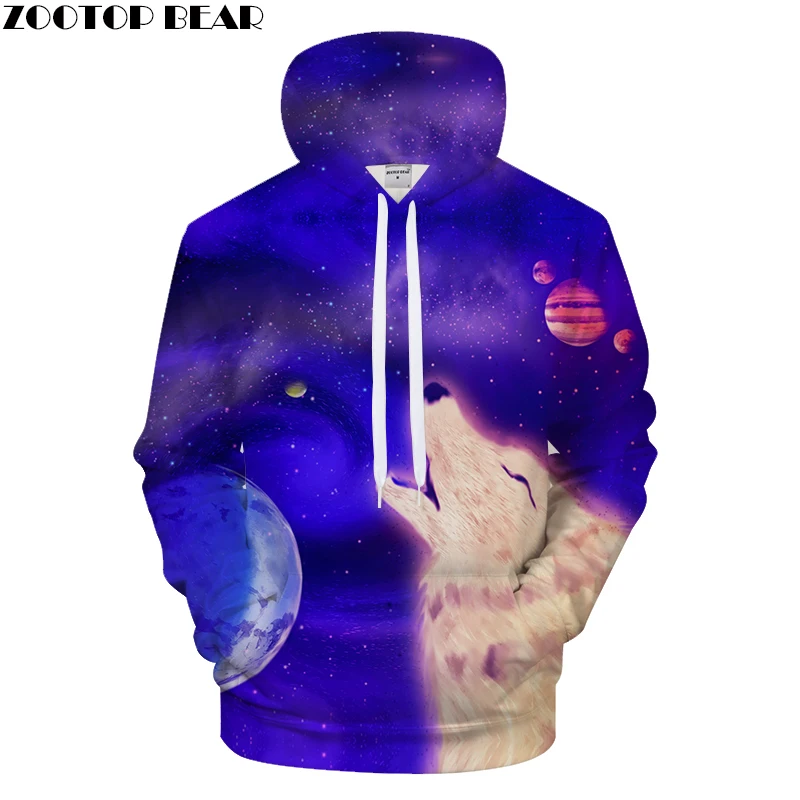

Blue Hoodies Men Wolf Hoody Galaxy Sweatshirt Casual Tracksuit 3D Pullover Male Coat Streatwear Hooded Moon Dropship ZOOTOPBEAR