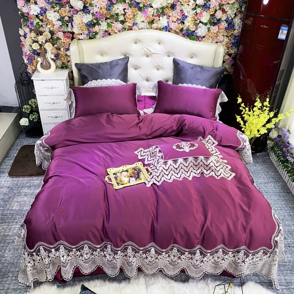 Благородный синий кружево Edge100S Египетский хлопок вышитые тенсель постельные