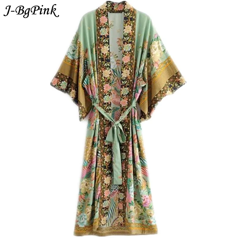 Bohemian V neck Peacock Flower Print Long Shirt Kimono Ethnic new Lacing up With Sashes Cardigan Long Loose Blouse Tops femme