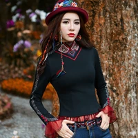free shipping new gauze and cotton patckwork chinese style women long sleeve t shirt autumn tops with tassels beaded tees m 3xl