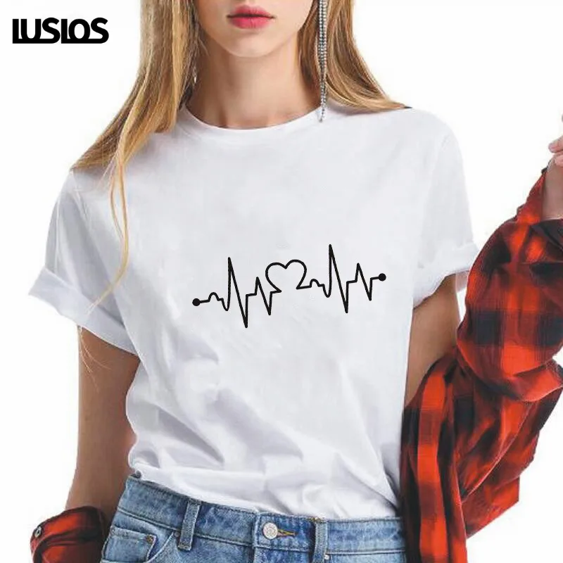 Футболка LUSLOS ECG женская с принтом в виде сердца забавный топ стиле оверсайз