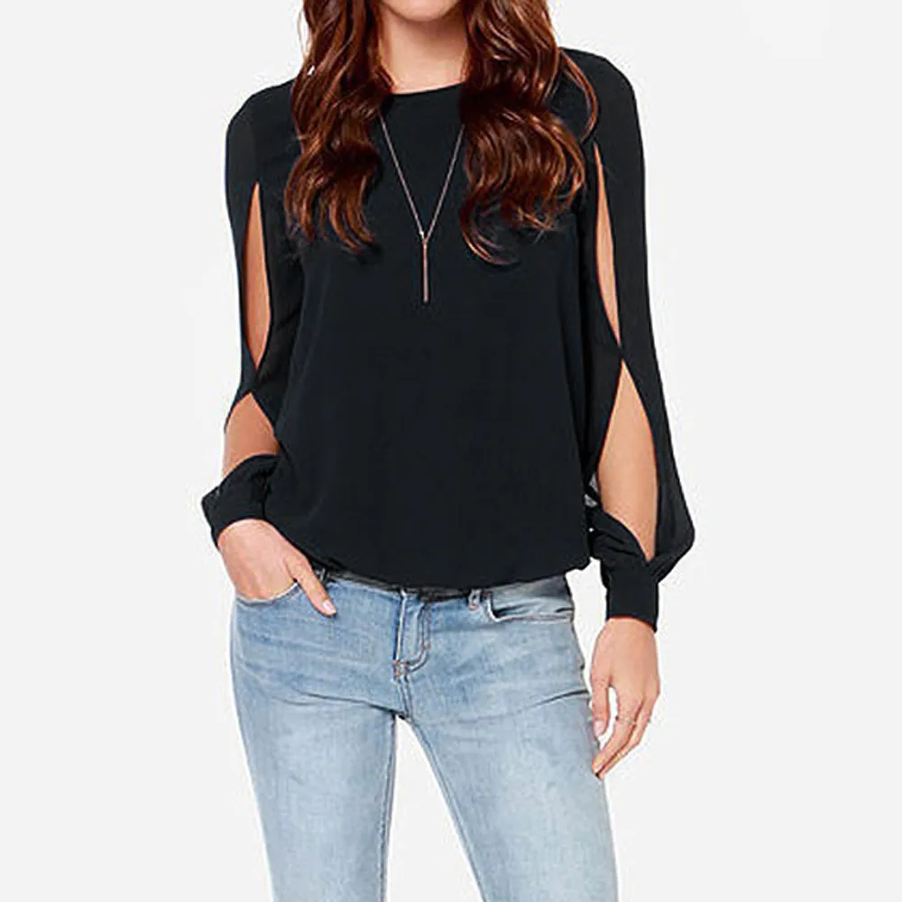 2020 Модные Женские однотонные рубашки с круглым вырезом и длинными рукавами