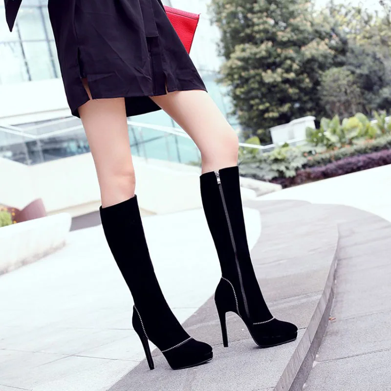

Winter Women Shoes Long Knee-High Boots Flock Zip Zipper Round Toe Thin High Heels Solid Short Plush Nubuck Platform String Bead