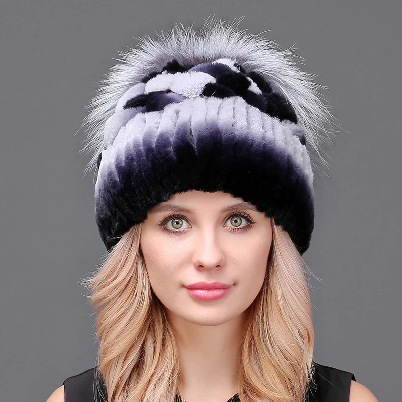 Новое поступление теплые шапки из меха кролика Рекс женская зимняя вязаная