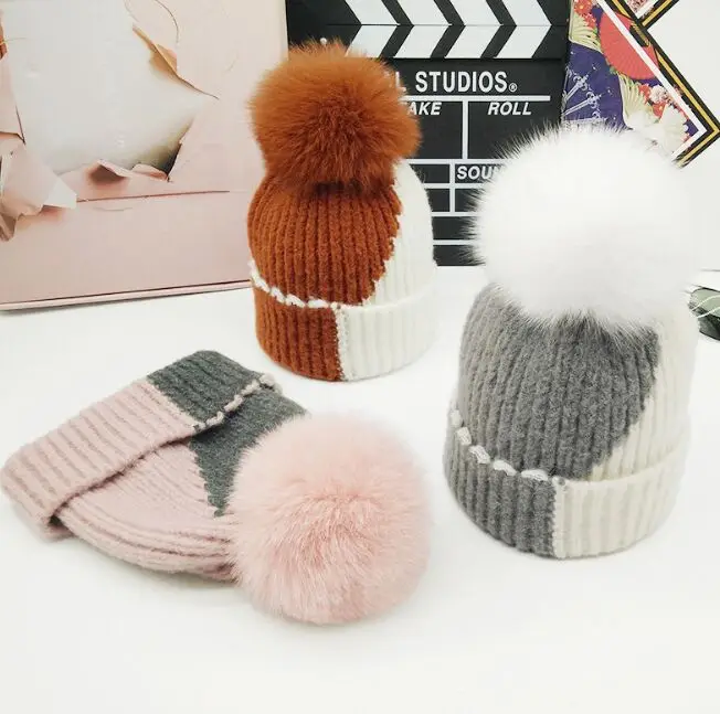 PUNS002 Новая женская зимняя вязаная шапка с помпоном из лисьего меха|fur hat|fur pom pomfox fur