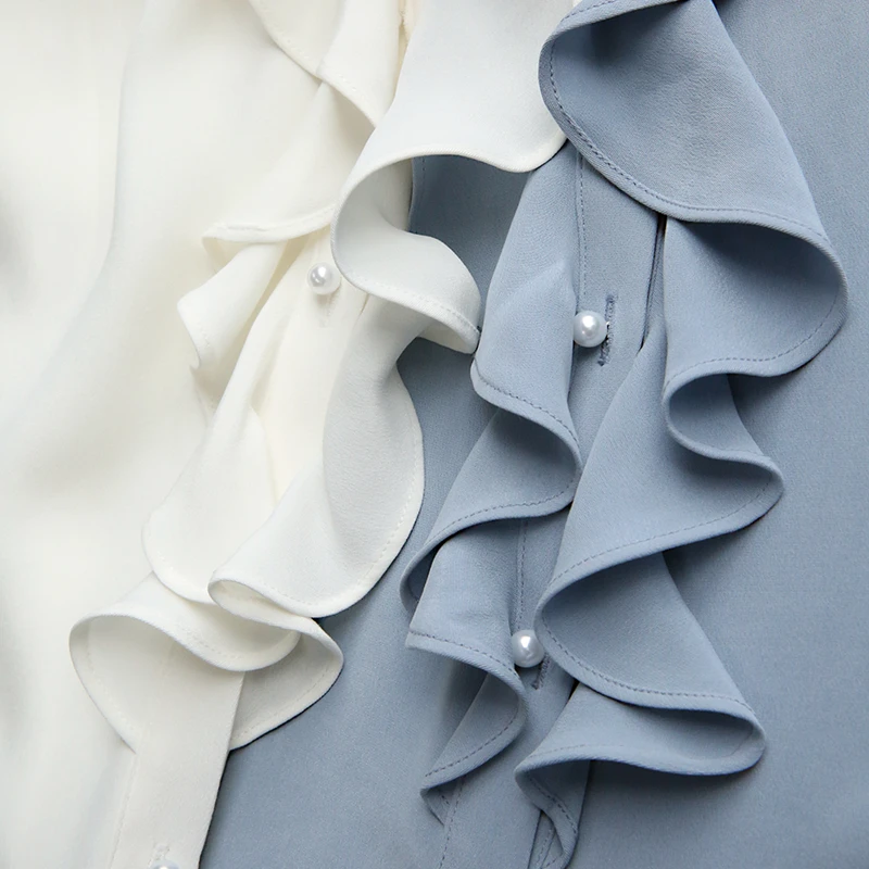 Женская блузка из 100% тяжелого шелка элегантный дизайн с оборками длинными