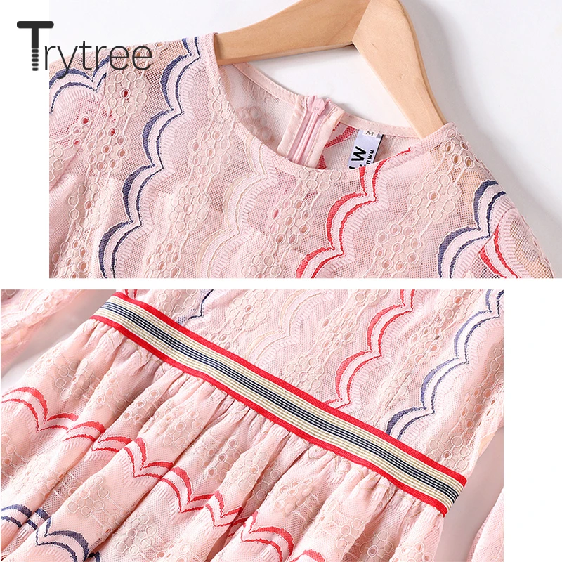 Женское кружевное платье в полоску Trytree повседневное розовое трапециевидной