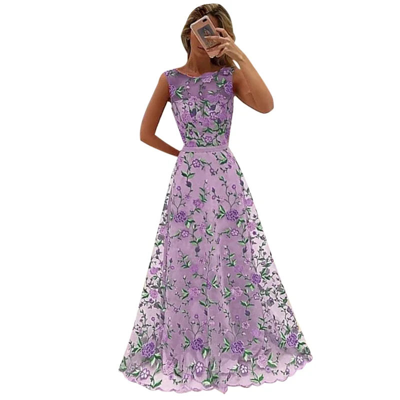 2018 для женщин Винтаж Vestido Longo цветочный вышивка платье Макси Розовый Фиолетовый